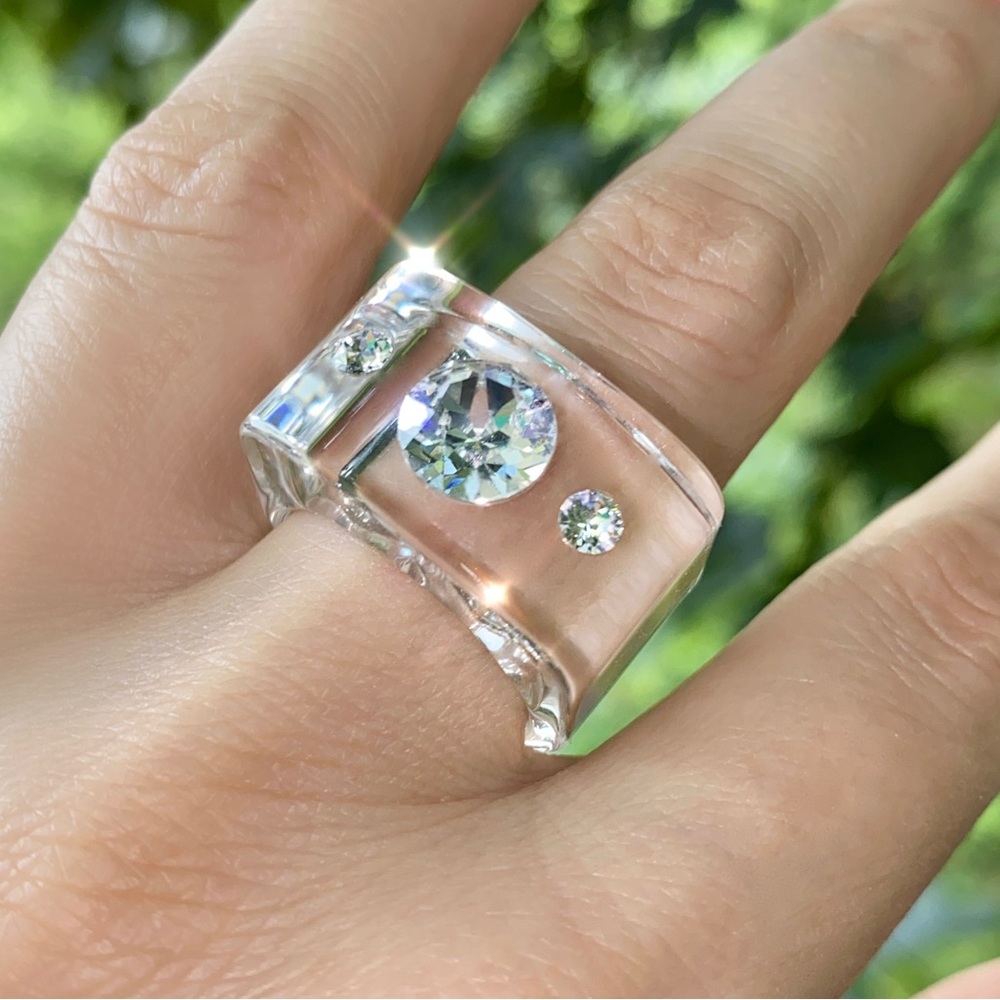 Clear Lucite Cube Ring Embellished With Crystals, Transparent Acrylic Ring